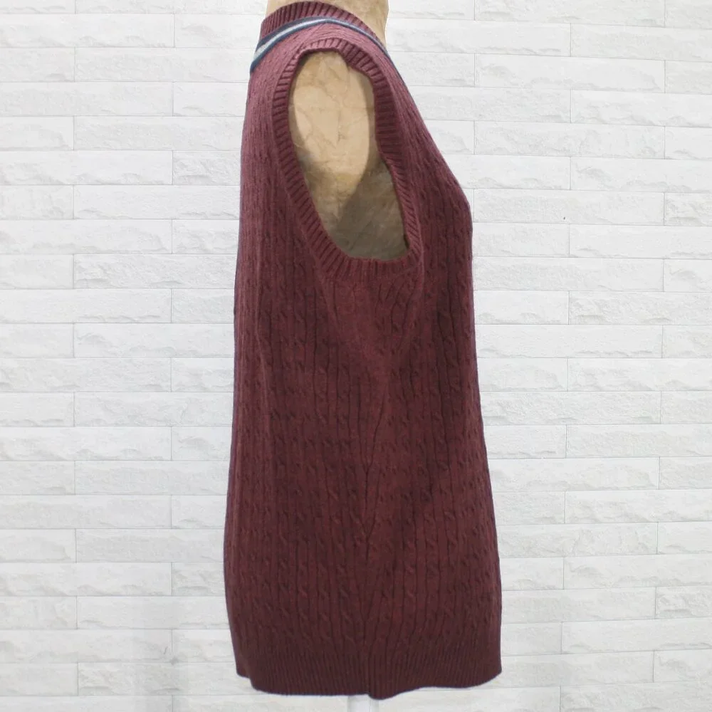 ROUNDTREE & YORKE Vest Knit Wool Blend Cable Stitch Striped V-Neck Burgundy M